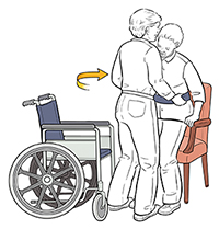 Proveedora de atención médica que utiliza el cinturón de marcha para ayudar a la paciente a sentarse en la silla común desde la silla de ruedas.