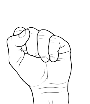 Vista de una mano con la palma hacia arriba con el puño apretado.