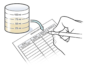 Hand writing fluid measurement information in log.